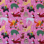 A close-up of a pink fabric with a repeating Christmas dog pattern, featuring various dog breeds in holiday outfits like Santa hats, scarves, and boots, some riding skates or carrying gifts.