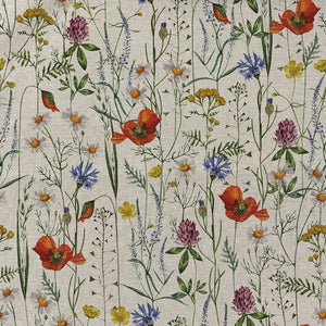 THE DRESSMAKER FABRICS 
COTTON LINEN MIX BLEND 
LINEN LOOK, FLORAL SPRING MEADOW BIRDS 
DRESSMAKING 