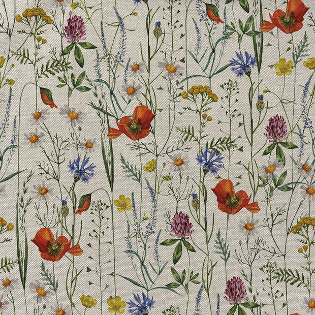 THE DRESSMAKER FABRICS 
COTTON LINEN MIX BLEND 
LINEN LOOK, FLORAL SPRING MEADOW BIRDS 
DRESSMAKING 