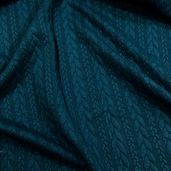 CABLE KNIT - TEAL STRETCH  KNITTED 75% POLY 22% RAYON 3% SPANDEX  150cm WIDE 320 GRM