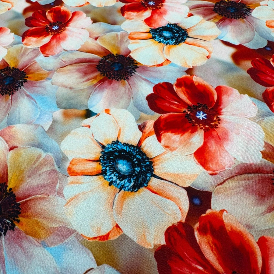 BOLD IN BLOOM 
VISCOSE POPLIN 
DRAPY FABRIC - DRESSMAKING 
SUMMER FABRIC - THE DRESSMAKER FABRICS 
POPPY POPPIES 