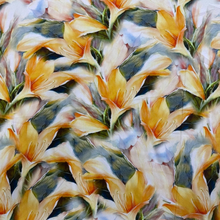 LIGHT AND LUSH 
FLORAL LILYS LEMON YELLOW 
STOF OF DENMARK 
THE DRESSMAKER FABRICS 
VISCOSE TWILL
SPRING SUMMER FABRIC 