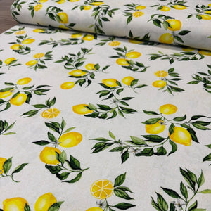 SOFT SLUB WOVEN LINEN VISCOSE 
LEMONS BLUE 
THE DRESSMAKER FABRICS 