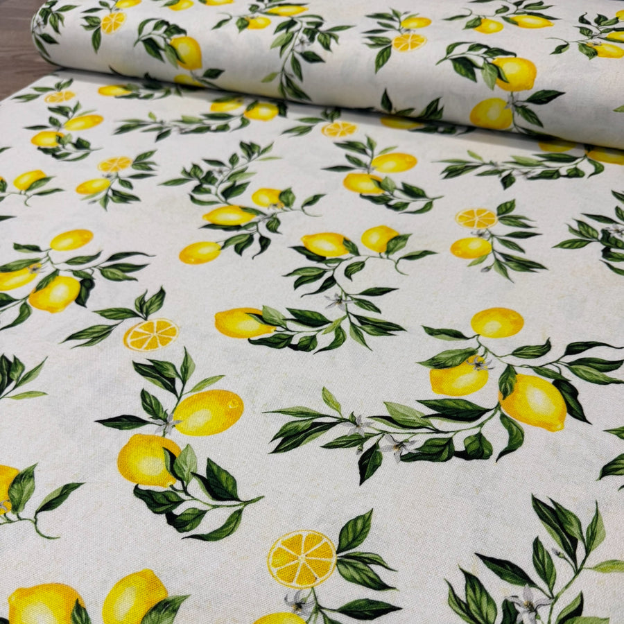 SOFT SLUB WOVEN LINEN VISCOSE 
LEMONS BLUE 
THE DRESSMAKER FABRICS 