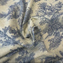 A close-up of draped fabric featuring a classic blue toile de Jouy pattern on a warm cream background.
THE DRESSMAKER FABRICS 