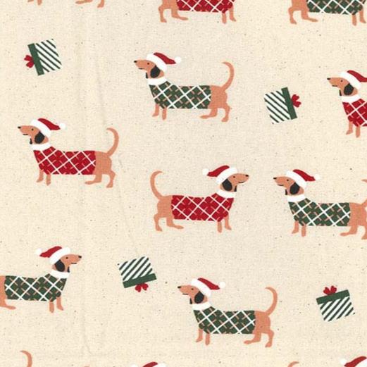 CHRISTMAS FABRIC
QUILTERS COTTON - CHRISTMAS
JOHN LOUDEN FESTIVE HOLLY
DACHSHUND SAUSAGE DOG 
THE DRESSMAKER FABRICS 