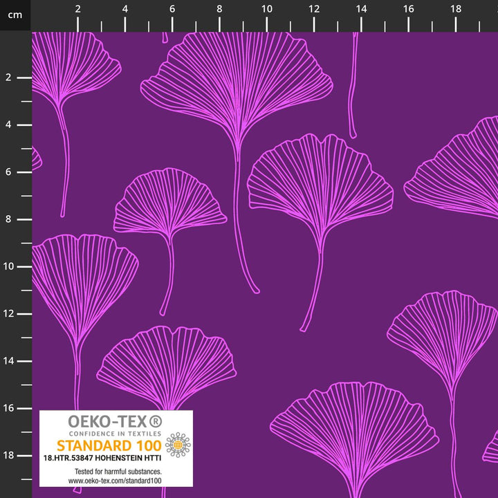 STOF OF DENMARK - PURPLE GINKGO LEAF 
AVALANA COTTON JERSEY 
95% COTTON 5% ELASTANE 
THE DRESSMAKER FABRICS 