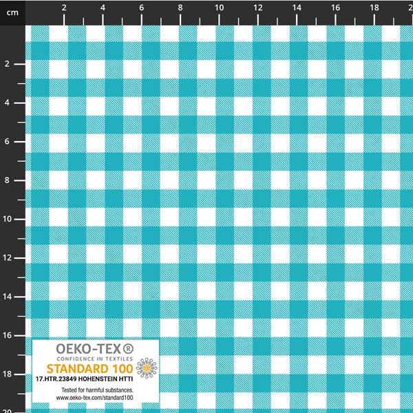 STOF OF DENMARK - TURQUOISE TEAL GINGHAM CHECK 
AVALANA COTTON JERSEY 
95% COTTON 5% ELASTANE 
THE DRESSMAKER FABRICS 