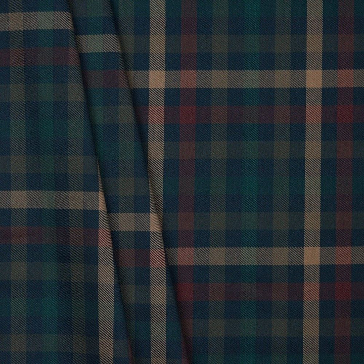 TARTAN CHECK  NAVY/RED/CAMEL/GREEN 65% PL 32% VISCOSE 3% EL 145cm WIDE 225 GSM