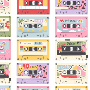 RETRO CASSETTE TAPE DIGITAL PRINT  WHITE 100% COTTON  150cm WIDE 115 GSM