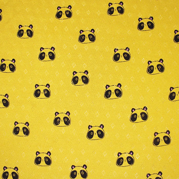 POINTELLE  KNITTED JERSEY OCHRE SMILEY PANDA  100% COTTON  140cm WIDE 190 GSM