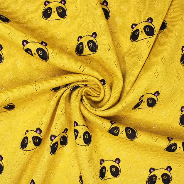 POINTELLE  KNITTED JERSEY OCHRE SMILEY PANDA  100% COTTON  140cm WIDE 190 GSM