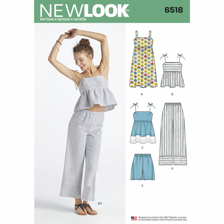 New Look Pattern 6518 Misses' Dress, Tops in Two Lengths, Trousers, and Shorts