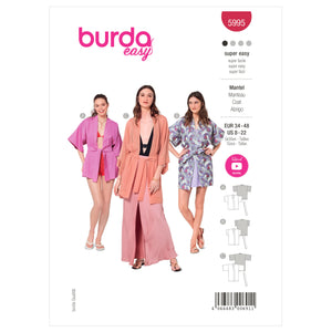 Burda Style Pattern 5995 Misses' Jacket The classic kimono-style jacket has long been a fashion statement and affords so many styling options. With this style in different hem lengths and sleeve lengths, everyone can find their favourite.Sewing skill: Very Easy.