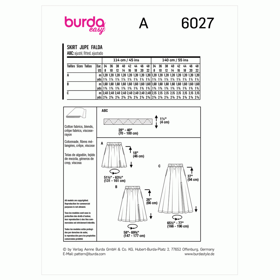 BURDA SEWING PATTERN 6027 - MISSES SKIRT