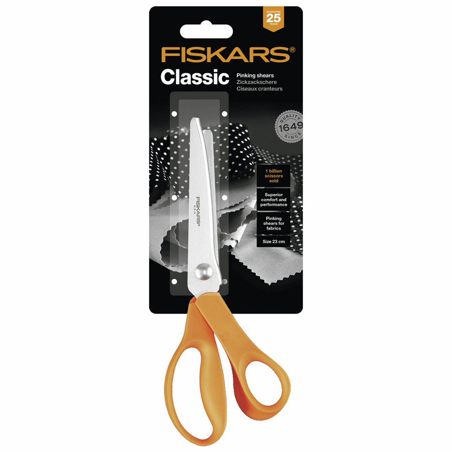 FISKARS  PINKING SHEARS  23cm/9 Inches F9445 ORANGE Right Handed Pinking shears with precise zig-zag cutting action which prevents fraying, extended lower blade makes continuous cutting easier. Will cut through denim and woven materials. 23cm/9in.