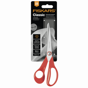 FISKARS - LEFT HANDED GENERAL PURPOSE - 21CM / 8.25 INCHES  F9853 RED General purpose 21cm. High quality stainless steel, durable, highly ergonomic scissors. True left-handed scissors: handles and blades are left-handed design to give better ergonomics and visibility of the cut to the left. Light to medium cutting jobs.