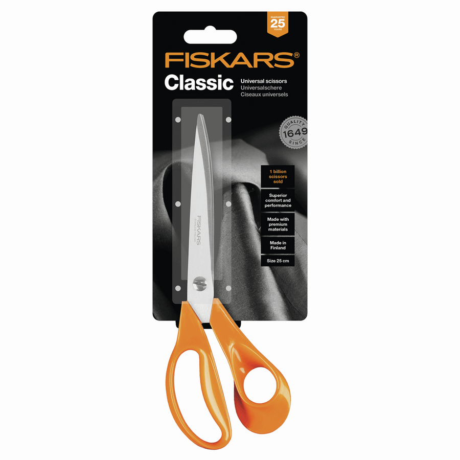 FISKARS  DRESSMAKER SHEARS - 25CM / 10 INCHES  F9854 ORANGE  Right handed shears with long sharp blades and shaped-handle for effortless long clean cutting action. Will cut through denim, polyester and most other fabrics. 25cm/10in.