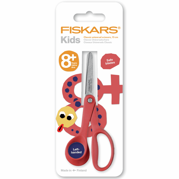 FISKARS  LEFT HANDED CHILDRENS SCISSORS 13CM/5 INCHES  F9993 RED Genuine left-handed scissors. Both handle and blades are left handed designed to give better ergonomics and greater visibility while cutting. Safety edge lades provide accurate and accident free cutting on paper, felt, foam and more. Ergonomic handle designed for smaller hands to provide extra control. 13cm/5in.
