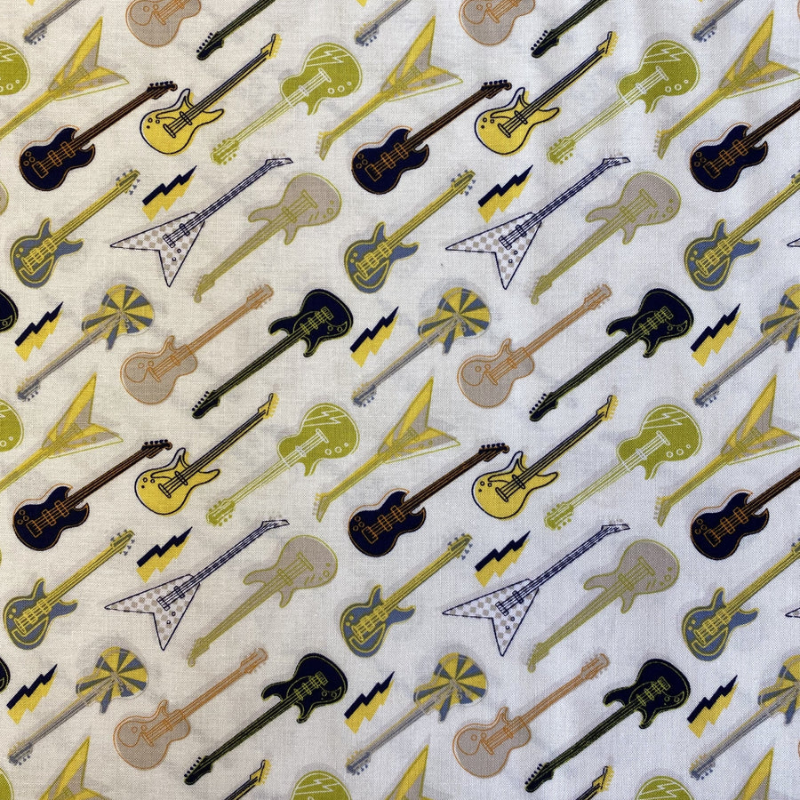 CAMELOT FABRICS  ROCK ON - AMPED UP GUITARS IN CREAM  100% PREMIUM QUILTERS COTTON 115cm WIDE