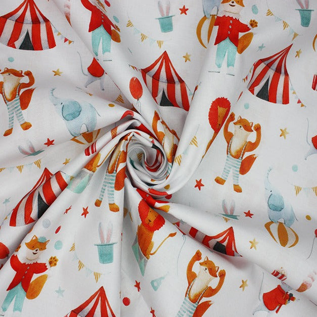 LITTLE JOHNNY GOES TO THE CIRCUS  COTTON DIGITAL PRINT  100% COTTON POPLIN  115cm WIDE 115 GSM Please note, if more than half a metre of each item is purchased, we will send it in one continuous piece.