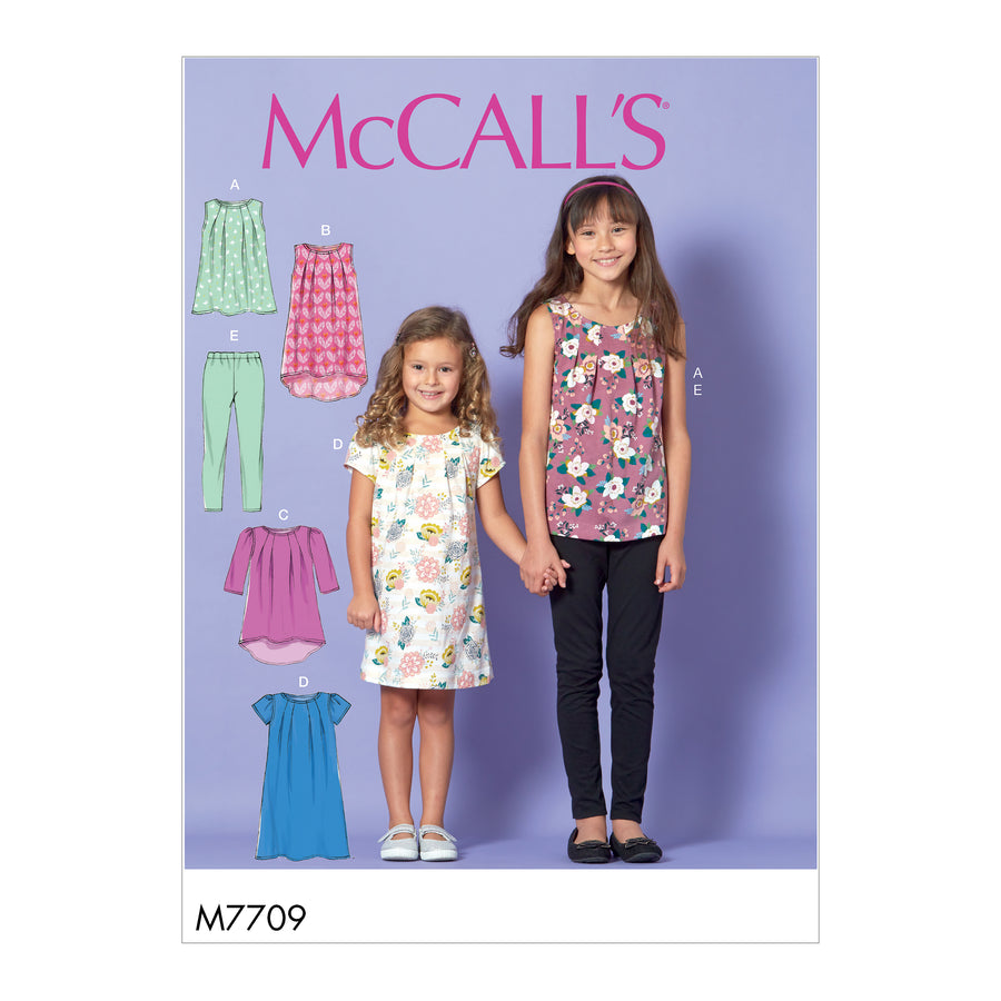 McCALLS SEWING PATTERN M7709 CHILDRENS/GIRLS TOPS/ DRESSES & LEGGINGS