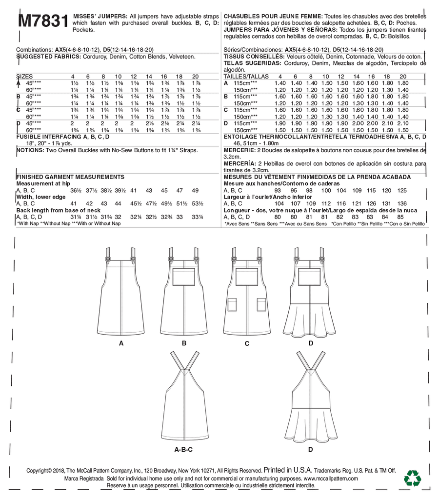McCALLS SEWING PATTERN 7831 - MISSES PINAFORE DRESSES