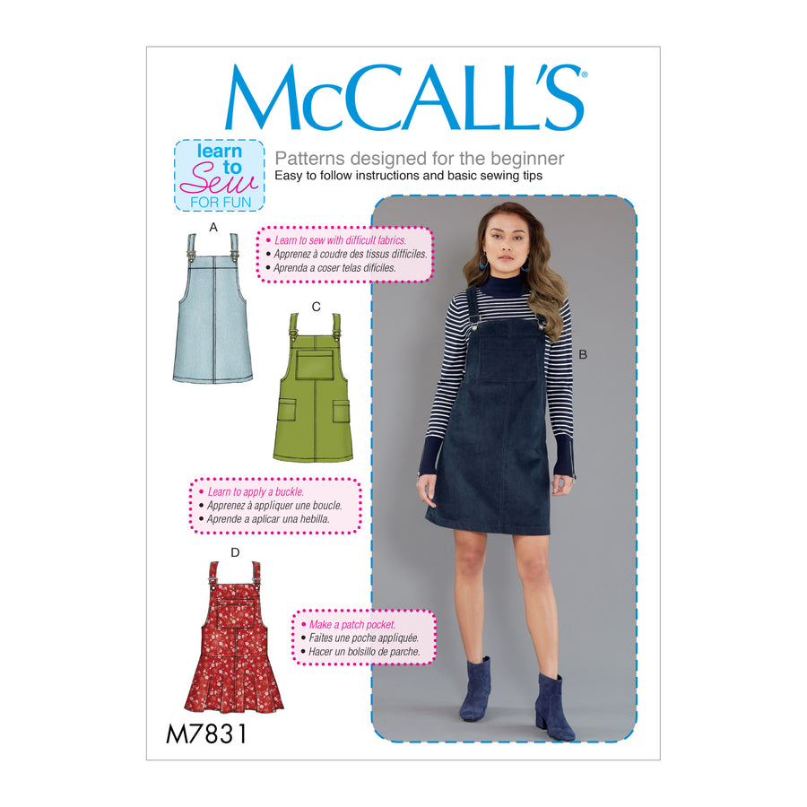 McCall's Sewing Pattern M7831 Misses' Pinafore Dresses Product Description: All pinafore dresses have adjustable straps which fasten with purchased overall buckles. B, C, D: Pockets.