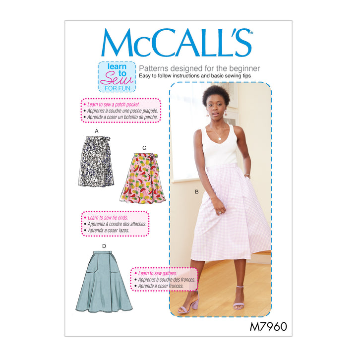 McCall's Sewing Pattern M7960 Misses' Skirts Wrap skirt has length variations with hook and eye closures. A, B, C: Side seam pockets. D: Patch pockets.