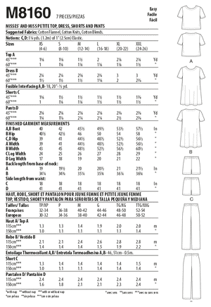 McCALLS SEWING PATTERN 8160 - MISSES MISS PETITE TOP, DRESS, SHORTS & TROUSERS