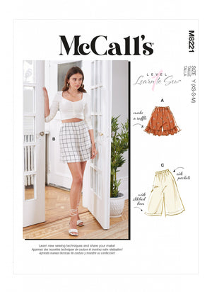 McCall's Sewing Pattern M8221 Misses' Shorts Product Description: Learn-to-sew Misses’ elasticated-waist shorts. View A: ruffle hem. View B: wide hem. View C: thigh length.