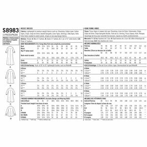 SIMPLICITY SEWING PATTERN S8983 - DRESSES WITH SLEEVE VARIATION measurements guide