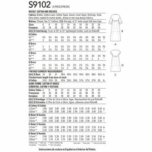 SIMPLICITY SEWING PATTERN S9102 Instructional measurement guide sheet