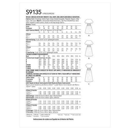 SIMPLICITY SEWING PATTERN S9135 measurement guide