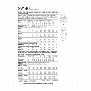 SIMPLICITY SEWING PATTERN S9140 instructional measurements guide