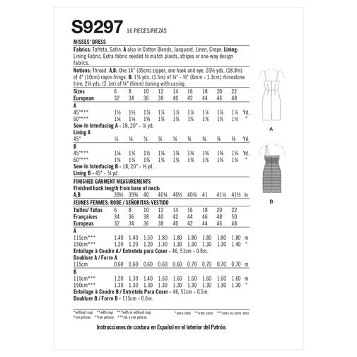 SIMPLICITY SEWING PATTERN S9297 instruction guide sheet