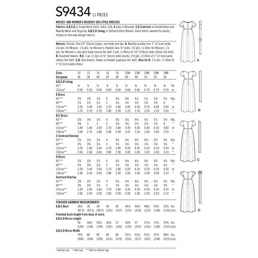SIMPLICITY SEWING PATTERN S9434 - REGENCY ERA STYLE DRESSES measurements guide sheet