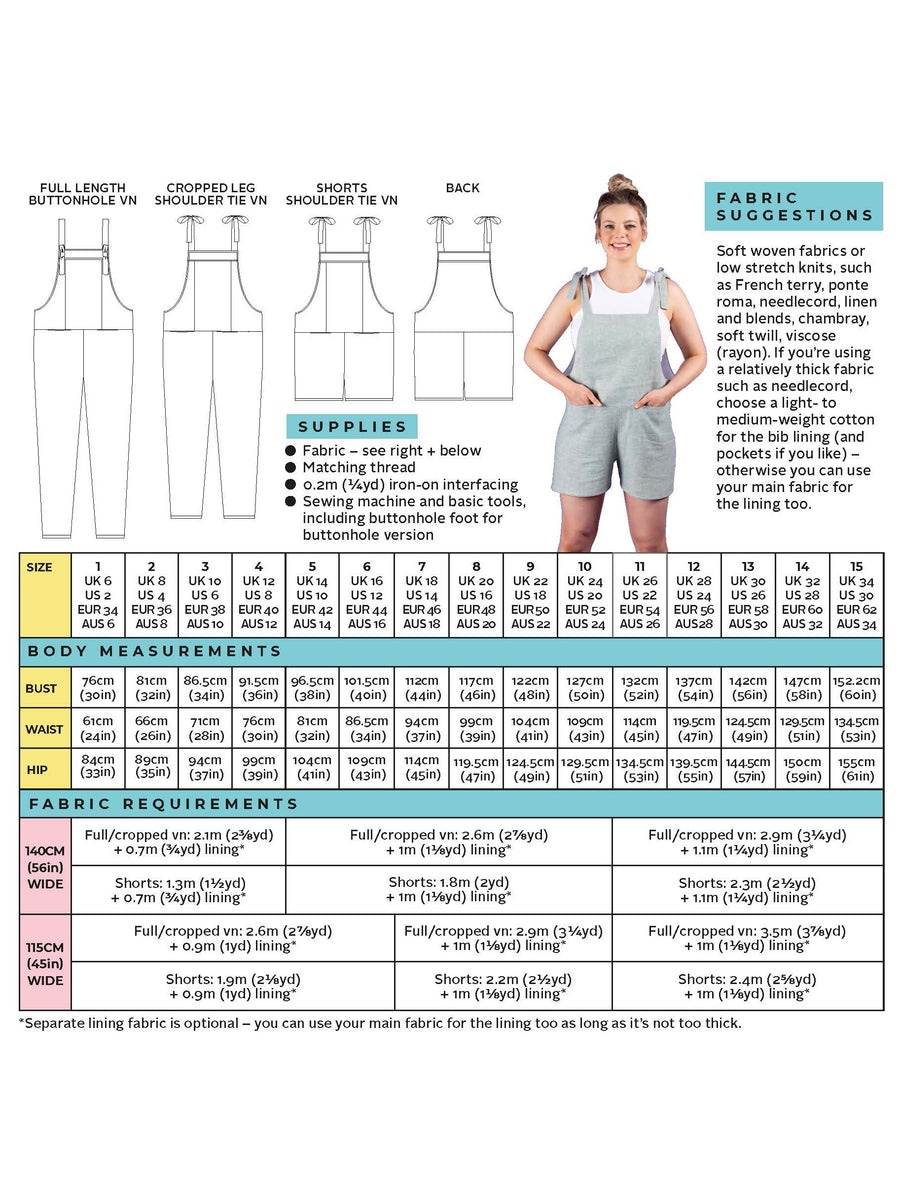 TILLY & THE BUTTONS | 1038 | ERIN DUNGAREES | SEWING PATTERN FOR CONFIDENT BEGINNERS | GUIDE CHART