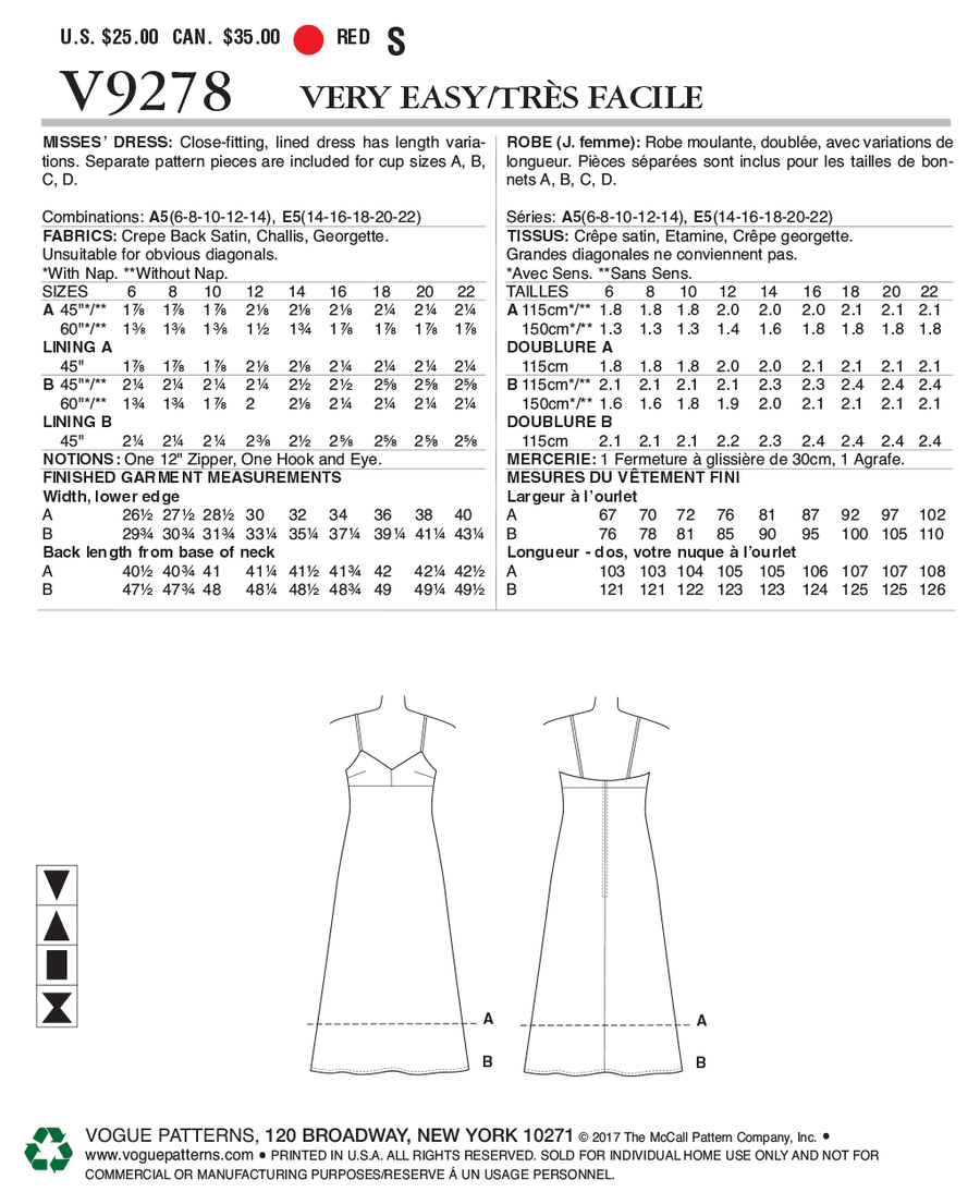 VOGUE SEWING PATTERN V9278 - VERY EASY