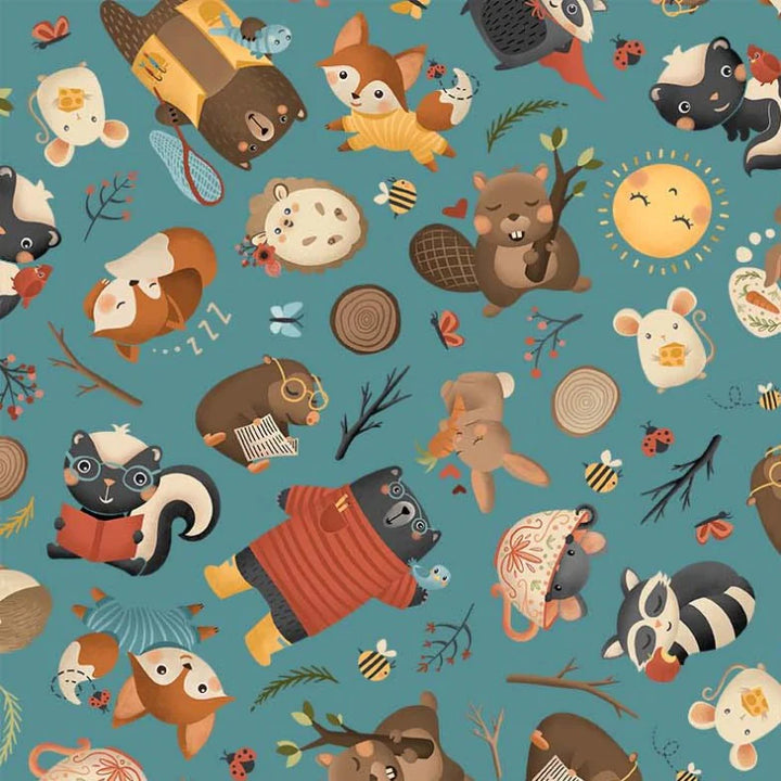 ALL MY FRIENDS ARE WILD BY MICHAEL MILLER  TEAL 100% PREMIUM QUILTERS COTTON 115cm WIDE