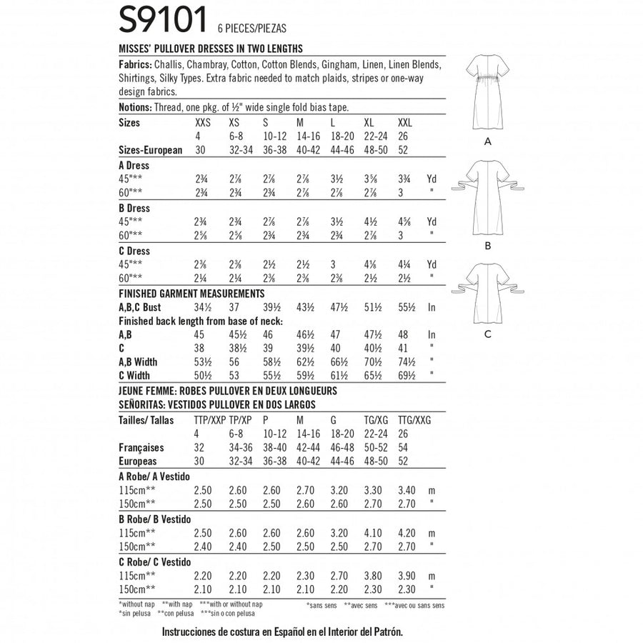 SIMPLICITY SEWING PATTERN S9101 Instructional measurement guide